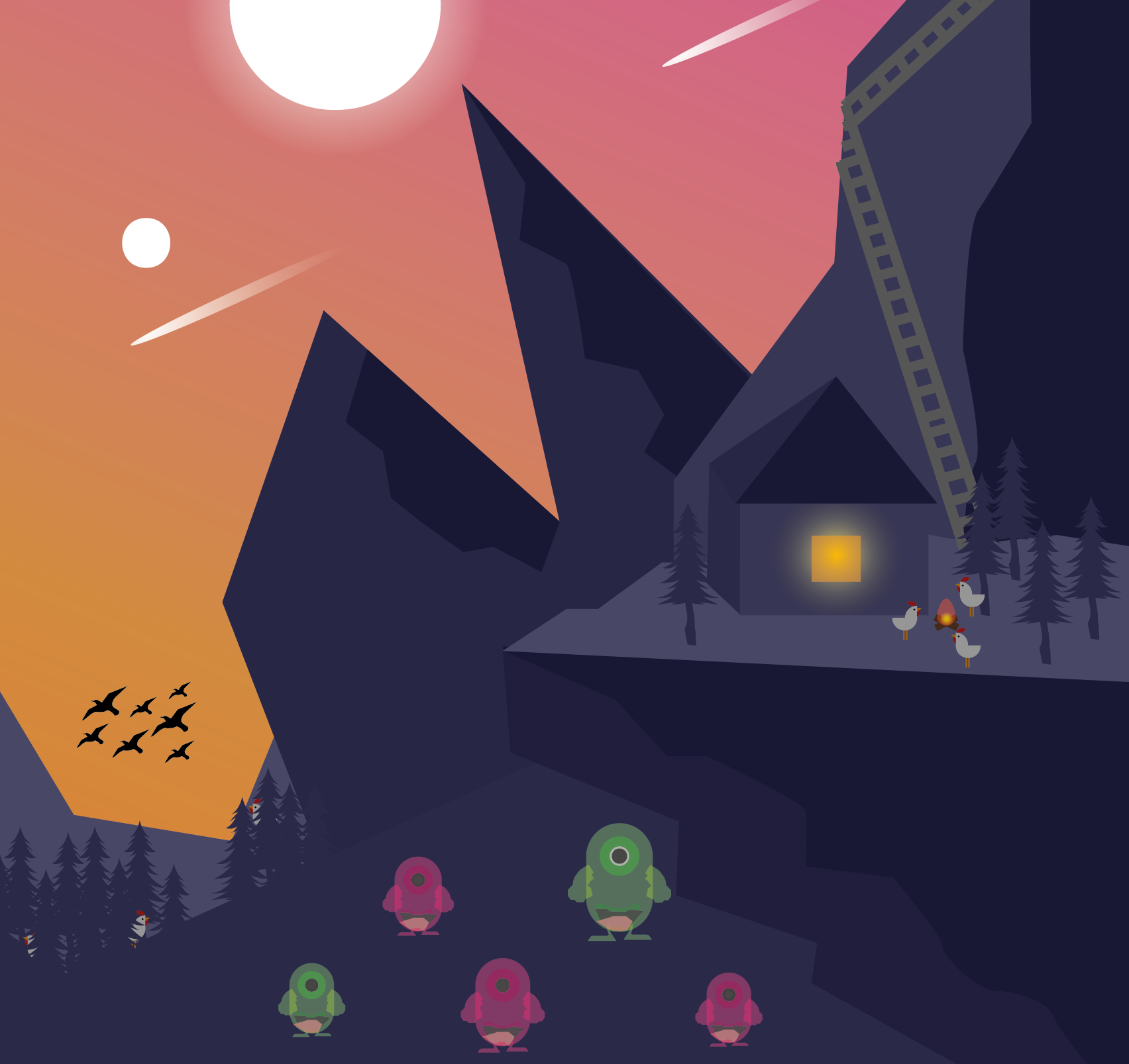 Ausschnitt aus einer früheren Arbeit + liebe Monster und Berge mit Sonnenaufgang